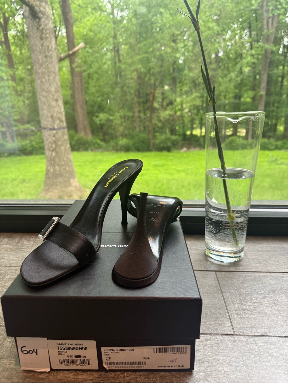 Saint Laurent Black Satin Crystal-Buckle Heeled Mules - Picture 4 of 5